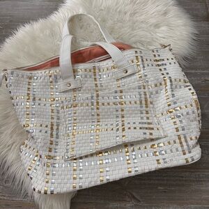 Deux Lux Woven Weekender Tote White Gold Silver Metallic Large Travel Bag